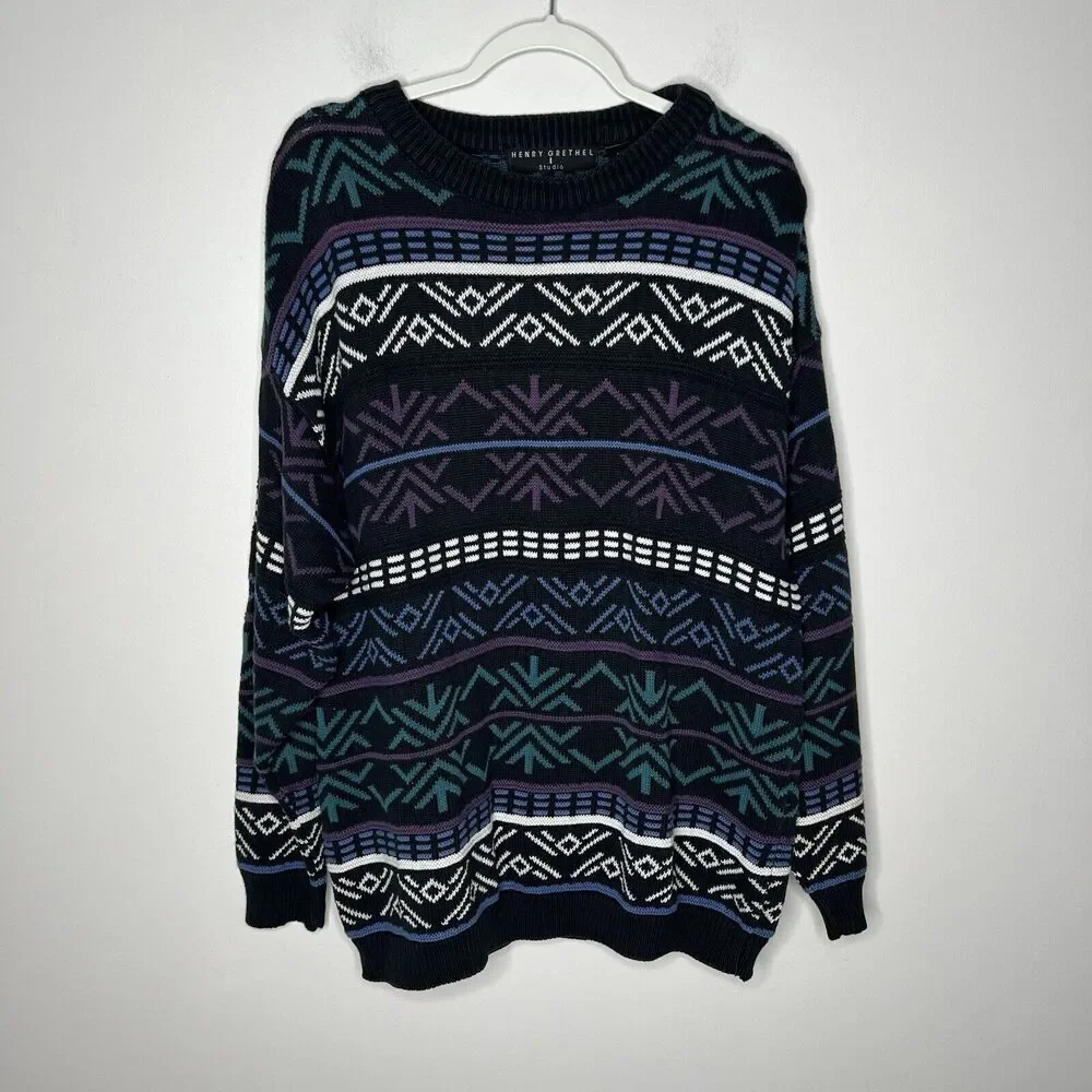 Henry Grethel Made‎ In USA Geometric Crewneck Sweater Large Grandpa 90s Vintage